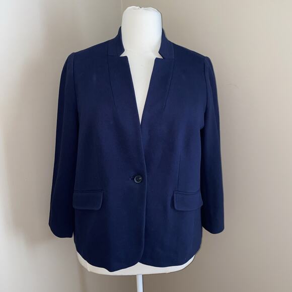 Talbots Navy Blue One Button Cotton Blend Lined Pockets Blazer Plus Size 18WP - Picture 1 of 9